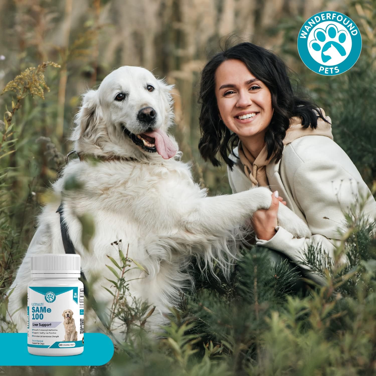 Wanderfound Pets Same 100 Liver Support for Dogs - Same S-Adenosyl-L-Methionine Hepatic Supplement for Liver & Brain Support - Bacon Flavored Sam E, Manufactured in The USA - 30 Chewable Tablets - Pet Explorer