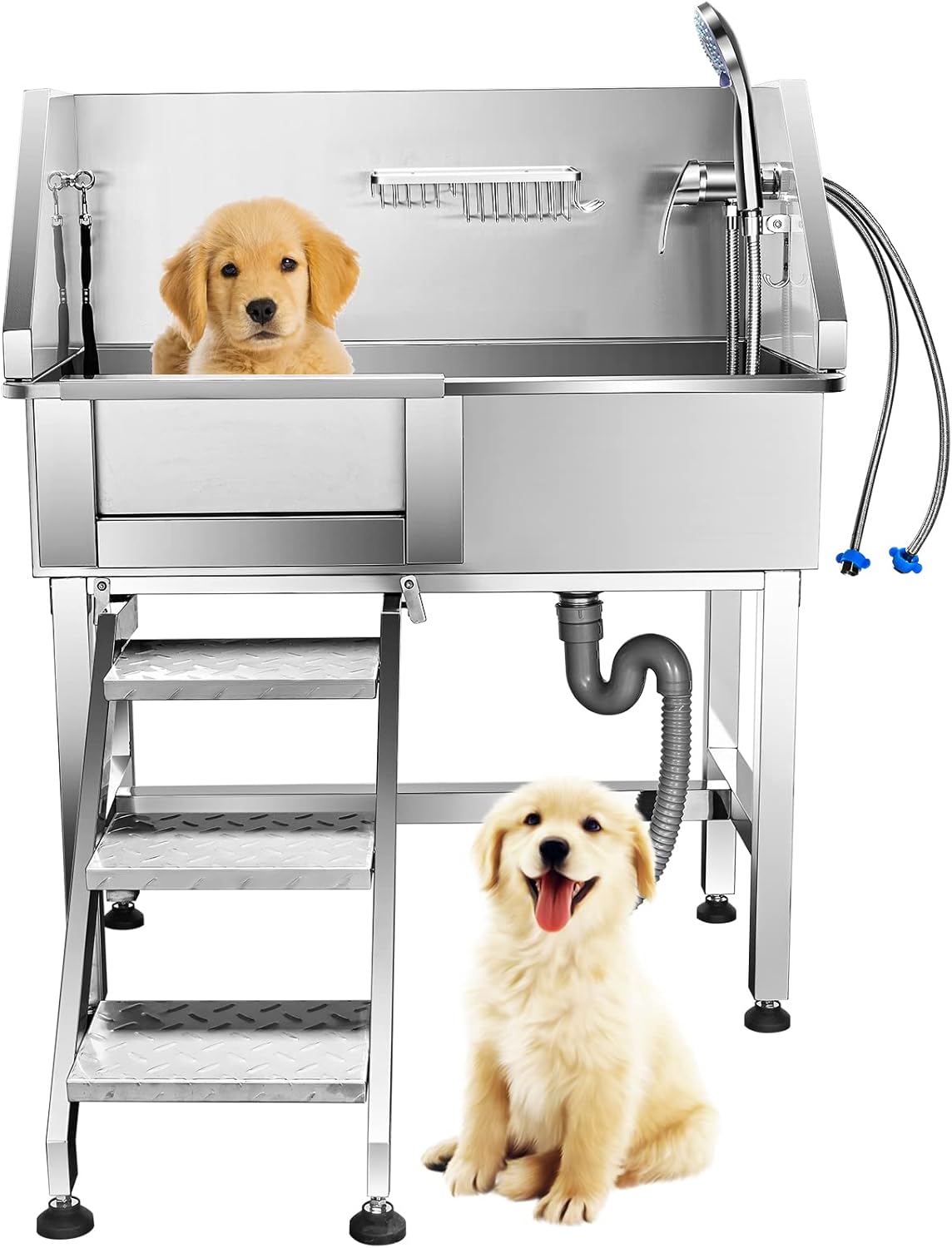34'' Dog Washing Station for Small Dogs Grooming Tub Bathing Station Professional Pet Wash Station Bathtub for Home with Sliding Door, Faucet, Steps - Pet Explorer