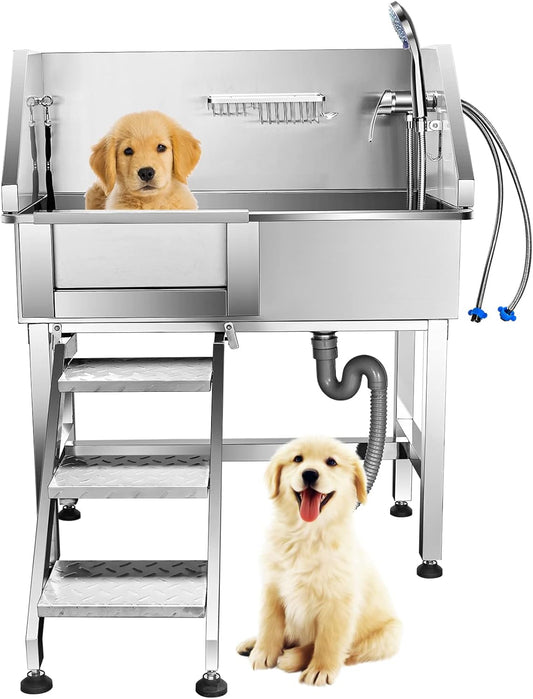 34'' Dog Washing Station for Small Dogs Grooming Tub Bathing Station Professional Pet Wash Station Bathtub for Home with Sliding Door, Faucet, Steps - Pet Explorer