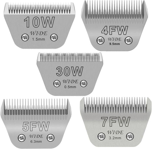 5PCS Wide Blades for Dog Grooming Blades Compatible with Andis Dog Clipper,Dog Clipper Blades for Oster A5,Wahl km10 Dog Clippers Stainless Steel for Animal Dog,Cat,Horse,Size:#10W+30W+4FW+5FW+7FW - Pet Explorer