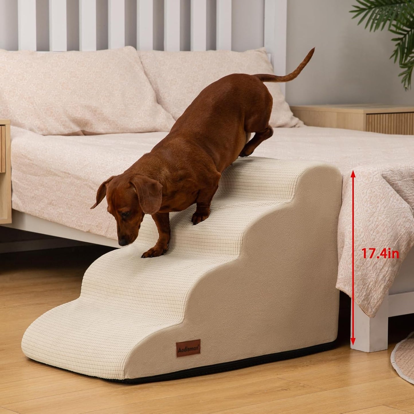 4-Step Dog Stairs and Ramp for Beds or Couches,Non-Slip Sturdy Pet Steps for Small Dogs and Cats,17.4" H,Beige - Pet Explorer