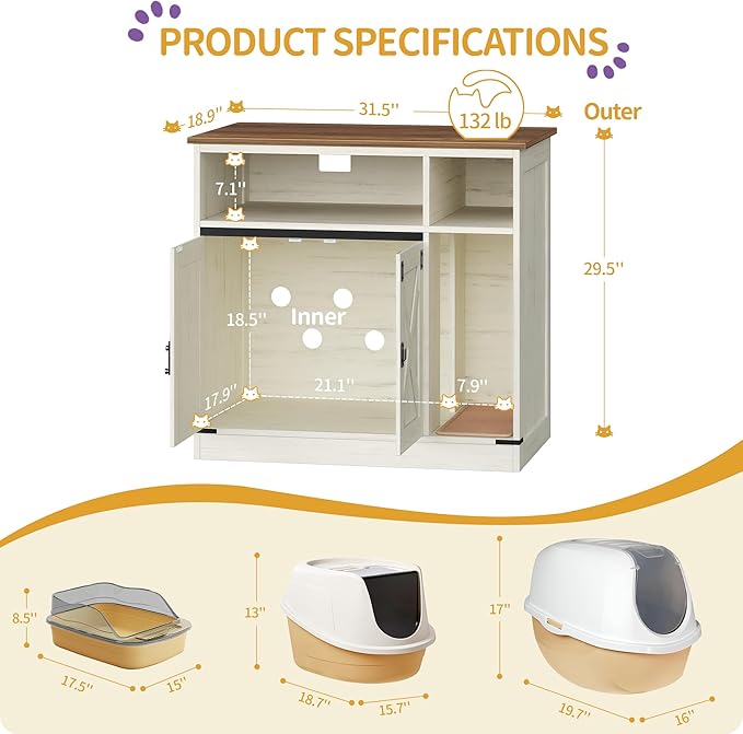 Cat Litter Box Enclosure, Hidden Litter Box Furniture with Storage, Wooden Cat Cabinet with Scratch Pad, Farmhouse Cats House, TV Stand End Table, Rustic Brown and White CB87514X