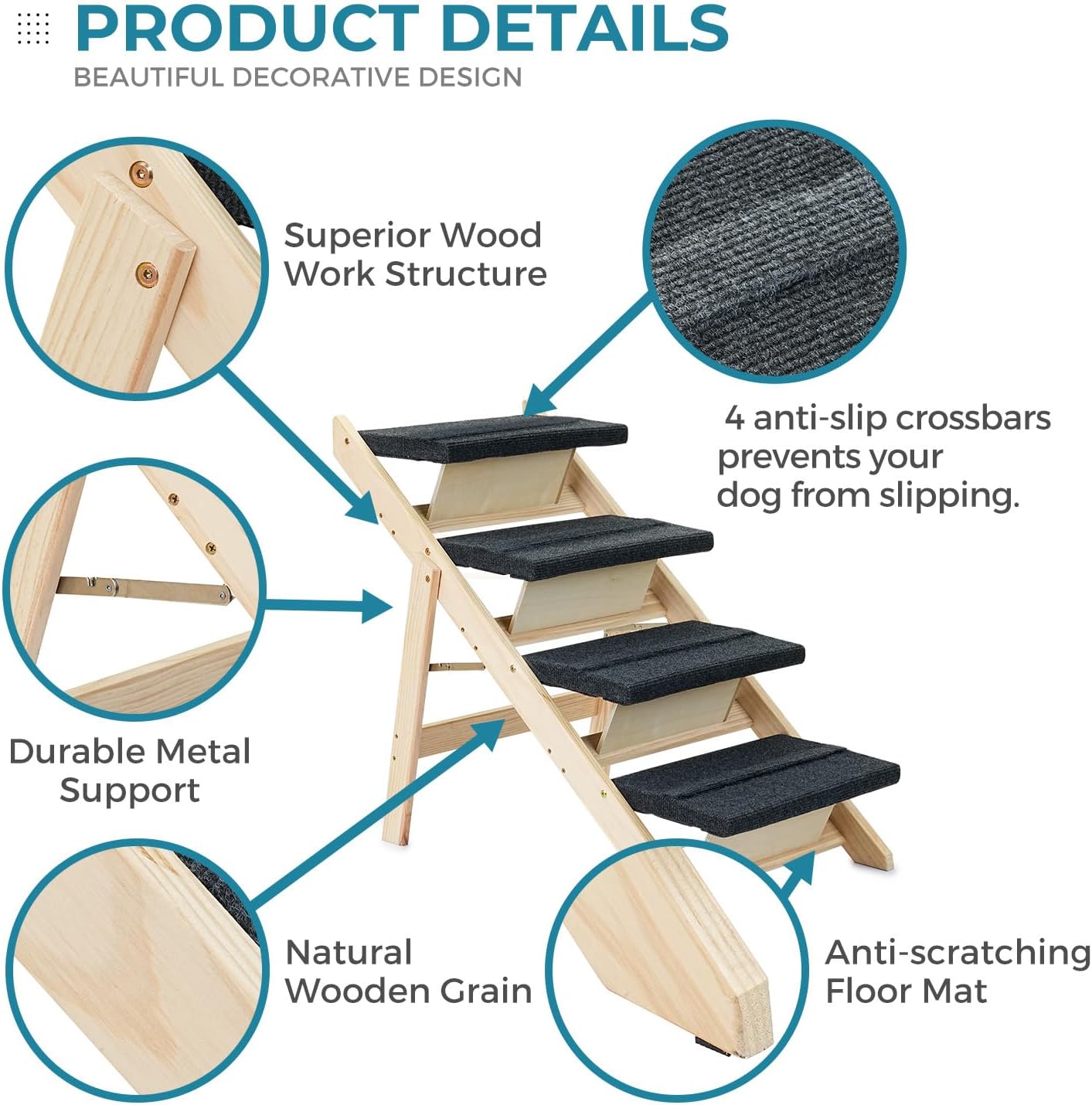 Wood Pet Stairs/Pet Steps for All Dogs and Cats - 2-in-1 Foldable Carpeted 4 Tiers Dog Stairs & Ramp Perfect for Beds and Cars - Portable Dog/Cat Ladder Up to 150 Pounds - Pet Explorer