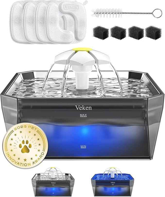 Veken Small Pet-Friendly Cat Water Fountain with Stainless Steel Lid & Quiet Pump, Easy to Clean & Assemble, 50oz Mini Pet Water Dispenser with 4 Replacement Filters & 4 Pre-Filter Sponges, Silver