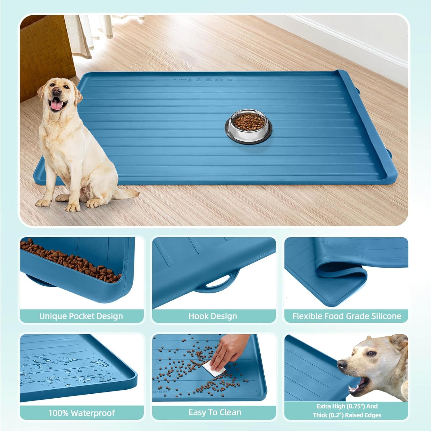 Dog Mat for Food and Water - 39.4" x 27" Large Pet Feeding Mats with Residue Collection Pocket - Waterproof Dog Cat Bowl Mat with High Edges to Prevent Water and Food Spills (Navy) - Pet Explorer