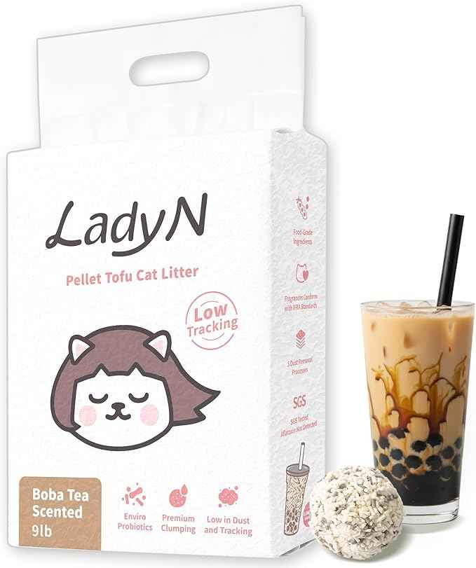 Lady N Pellet Tofu Cat Litter Boba Tea Scent, Strong Clumping, Ultra Absorbent, Dust-Free, Low Tracking, Water-Soluble, Natural Ingredients, Enviro-Probiotic Odor Control 9lb