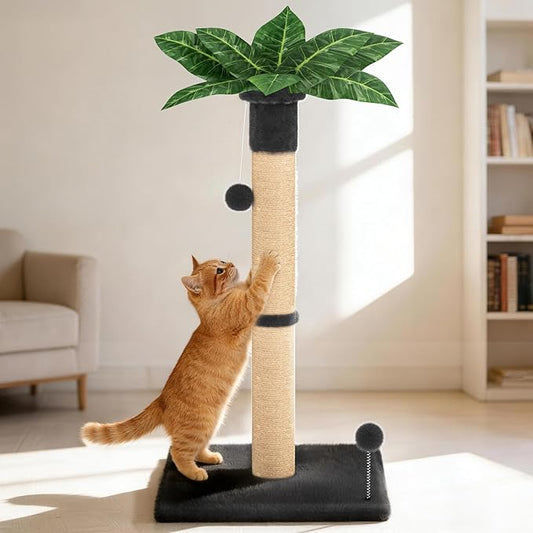 XiaZ Cat Scratching Post 34'' Tall, Heavy Duty Cat Tree Tower for Indoor Kitty with Extra Wide 15.8" Stable Base and 2 Toy Balls, Natural Sisal & Plush Fabric for Small, Medium Cats(Dark Gray, 2.8in)