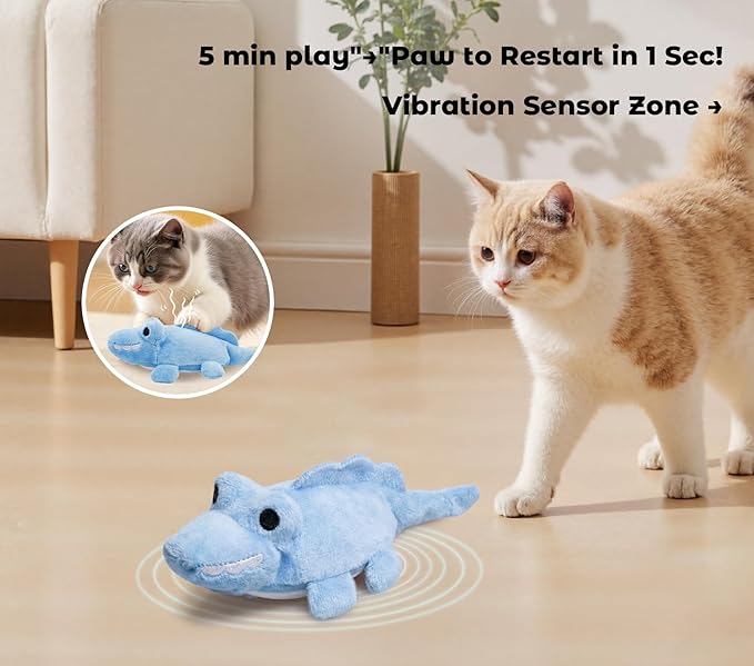 Interactive Cat Toys for Indoor Cats – Auto Moving Alligator with 360° Random Movement & Tail Wagging, Rechargeable Cat Exercise Toy with Catnip, Self-Play Fun for Bored Adult Cats-Blue