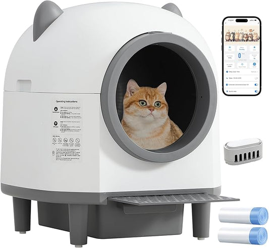 Grepatio Automatic Cat Litter Box, Self Cleaning Litter Box for Multiple Cat, APP Control, Safe Anti-Pinch, Weight Monitoring, Smart Cat Litter Box Includes Scent Cartridge, 2-Roll Garbage Bags