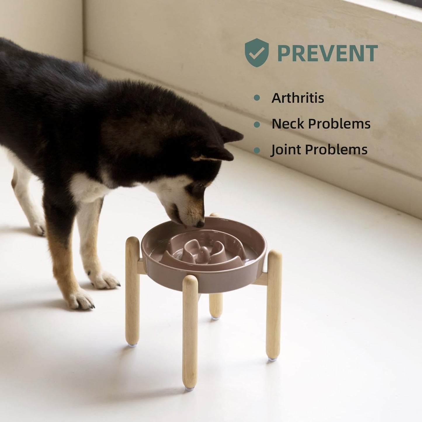 8.2inch Ceramic Raised Slow Feeder Dog Bowl Set, Elevated Wooden Stand for Large and Medium Dog, Puzzle Slow Dish, Preventing Choking(Brown Coffee, Single Bowl+ Stand) - Pet Explorer