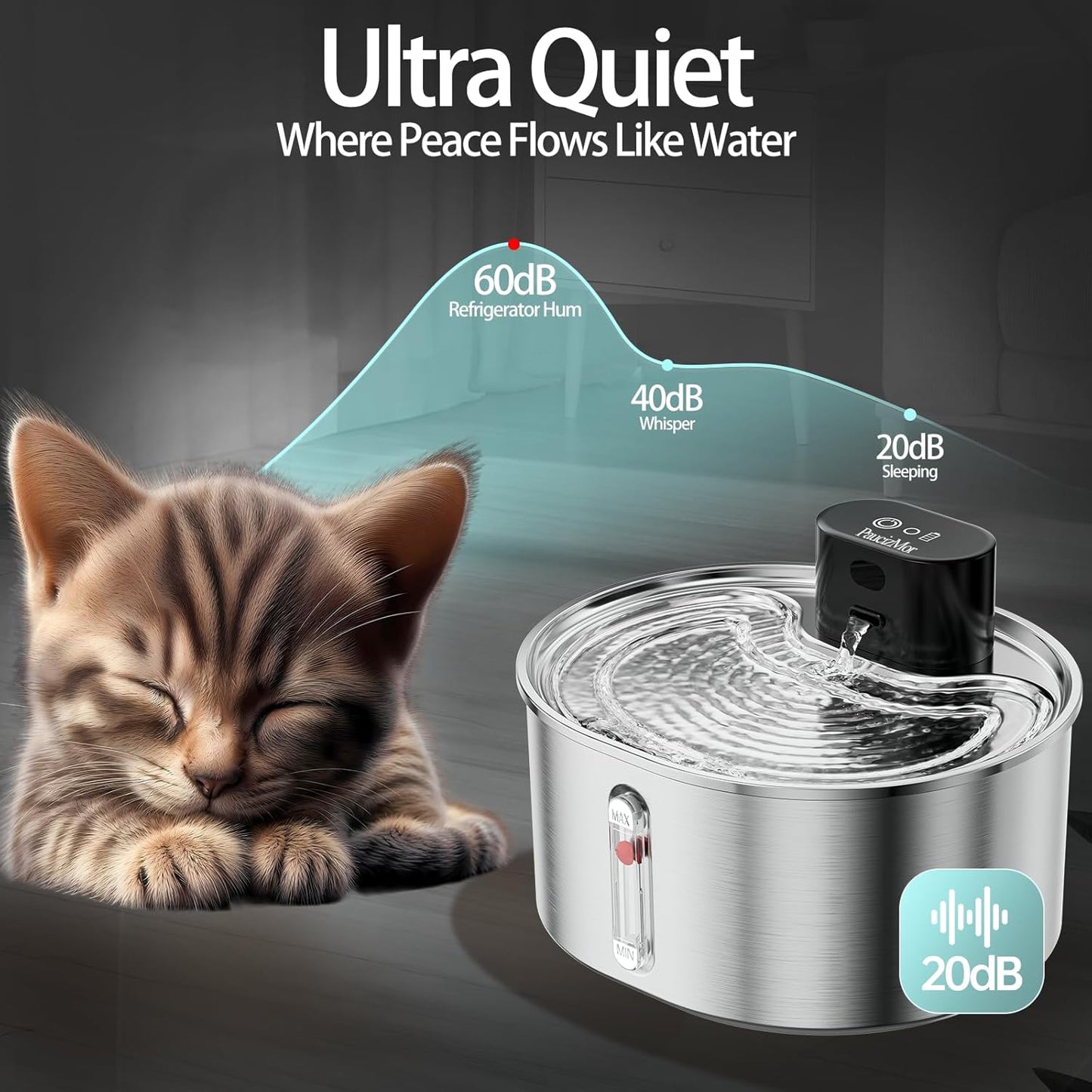 Pumpless Cat Water Fountain Stainless Steel Battery Operated, 108oz/3.2L Wireless Pet Water Fountain, Cordless Automatic Dispenser with 2 Replacement Filters for Cats, Dogs, Multiple Pets - Pet Explorer