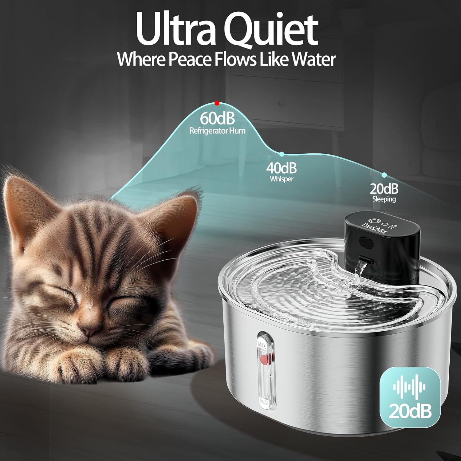 Pumpless Cat Water Fountain Stainless Steel Battery Operated, 108oz/3.2L Wireless Pet Water Fountain, Cordless Automatic Dispenser with 2 Replacement Filters for Cats, Dogs, Multiple Pets - Pet Explorer