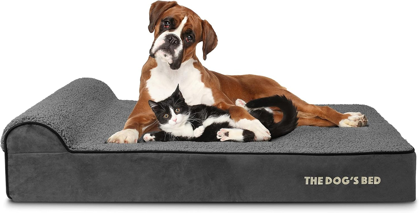 The Dog’s Bed Orthopedic Headrest Dog Bed XL Grey Plush 46x28, Memory Foam, Pain Relief for Arthritis, Hip & Elbow Dysplasia, Post Surgery, Lameness, Veterinary Approved, Waterproof Washable Cover - Pet Explorer