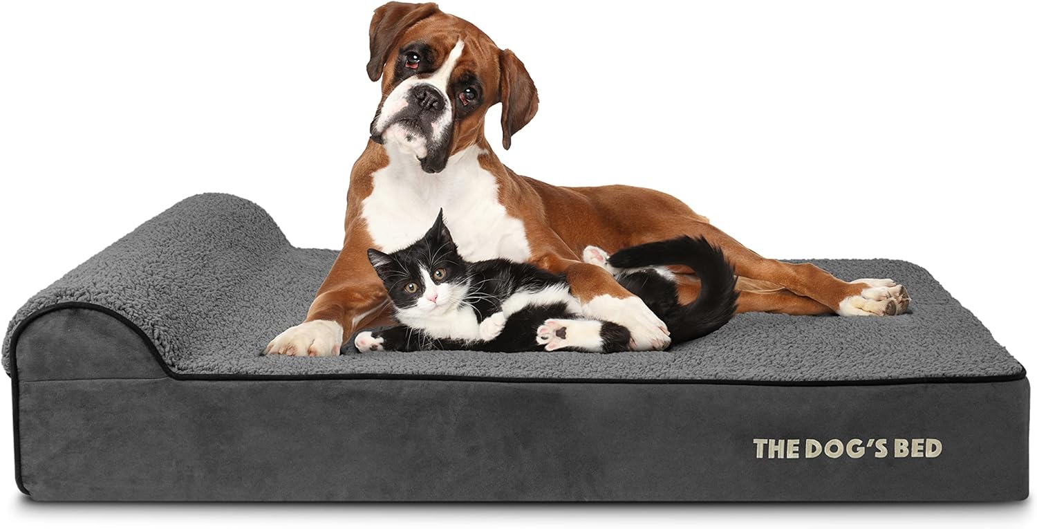 The Dog’s Bed Orthopedic Headrest Dog Bed XL Grey Plush 46x28, Memory Foam, Pain Relief for Arthritis, Hip & Elbow Dysplasia, Post Surgery, Lameness, Veterinary Approved, Waterproof Washable Cover - Pet Explorer