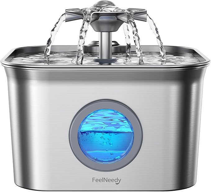 Stainless Steel Cat Water Fountain, 99oz/2.8L Auto Pet Drinking Fountain with 20dB Ultra-Quiet Pump- Ideal for Timid Pets, LED Water Level Window, Dishwasher Safe, 24/7 Circulating Flow - FEELNEEDY