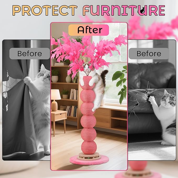 EMUST 47" Tall Cat Scratching Post, 5.9 Inch Diameter Scratching Posts for Indoor Cats Adults with Nature Sisal Rope, Cat Tree Scratcher Post with Interactive Ball Track for Kitten Large Cats