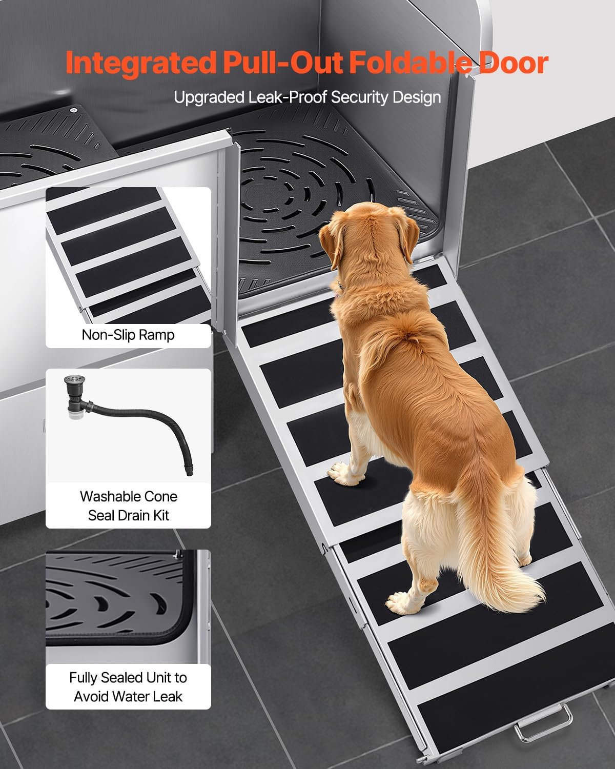 VEVOR Professional 304 Stainless Steel Dog Bathing Station, 50 inch Pet Grooming Tub w/Anti-Slip ramp, Storage Drawer, Cold Hot Faucet Showerhead, for Large & Medium & Small (Right Door, with Drawer) - Pet Explorer