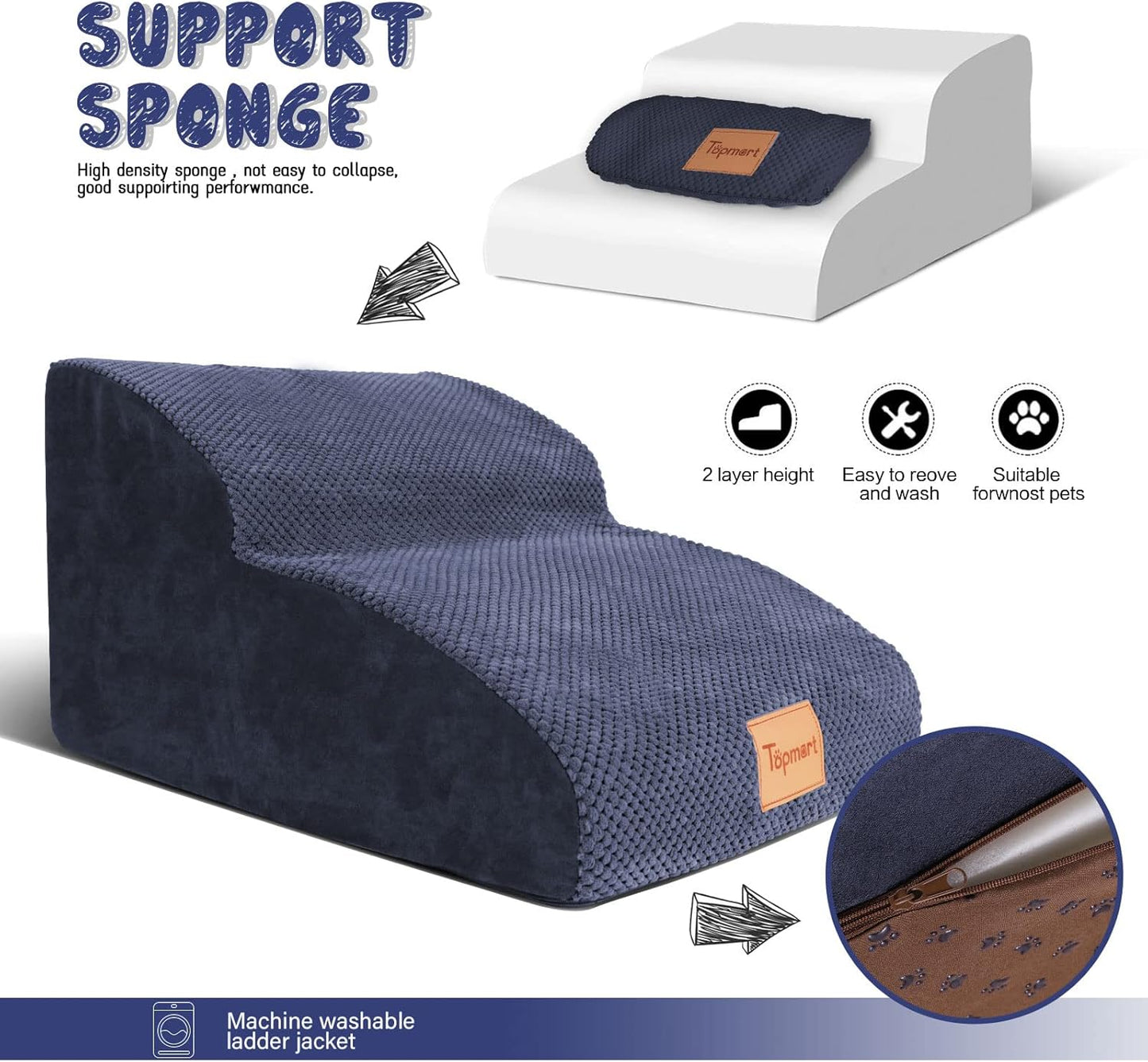 Topmart High Density Extended Foam Dog Ramp&Steps 2 Tiers,11.8" High,Non-Slip Dog Stairs,Soft Foam Pet Ladder with Waterproof Cover,Best for Injured,Older Cats,Pets with Joint Pain - Pet Explorer