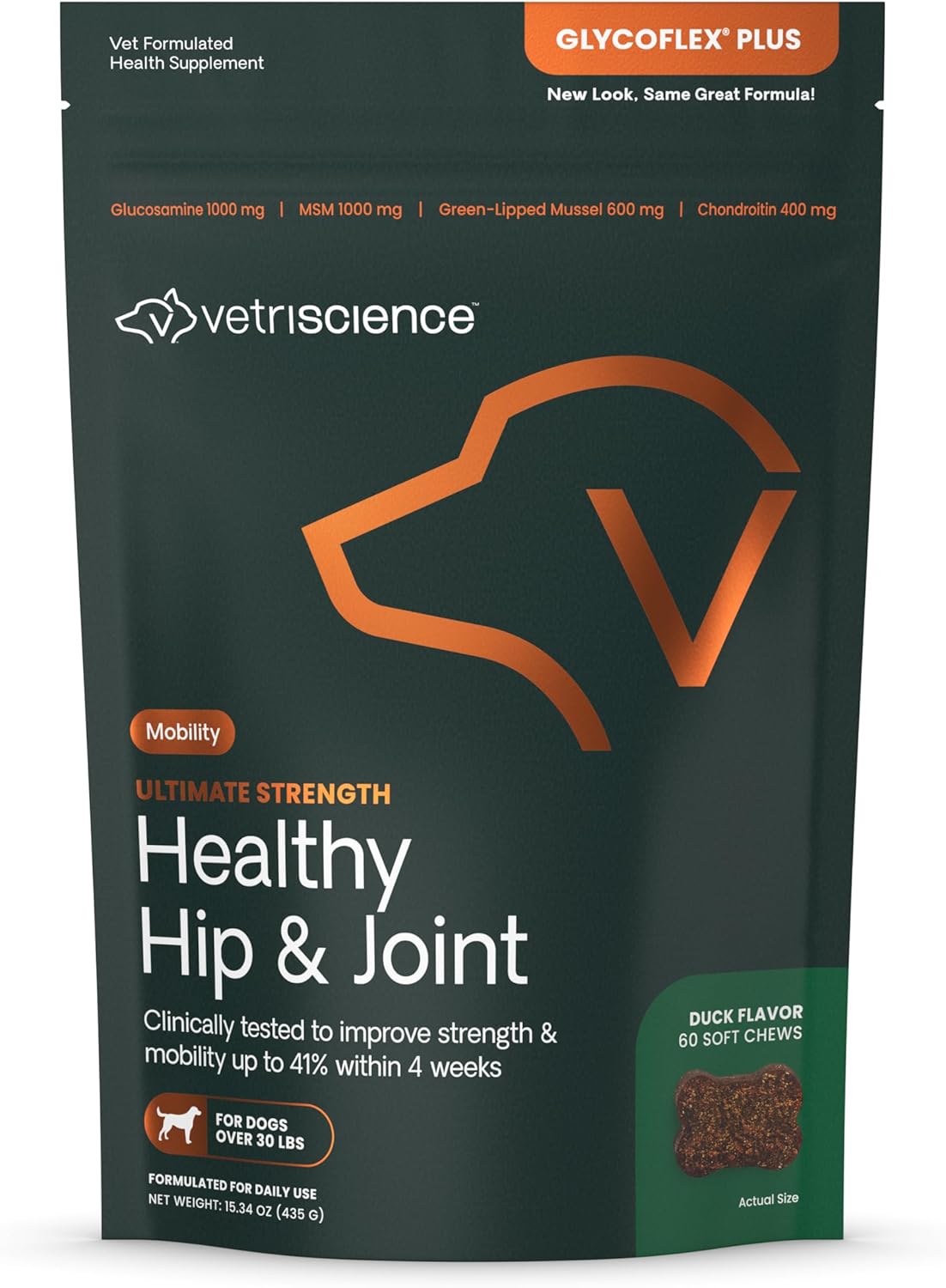 VetriScience Ultimate Strength Healthy Hip & Joint Chews, GlycoFlex Glucosamine, Chondroitin and Green-Lipped Mussel Joint Support Supplement for Dogs, Soothe Joint Discomfort, Duck, 60 Count - Pet Explorer