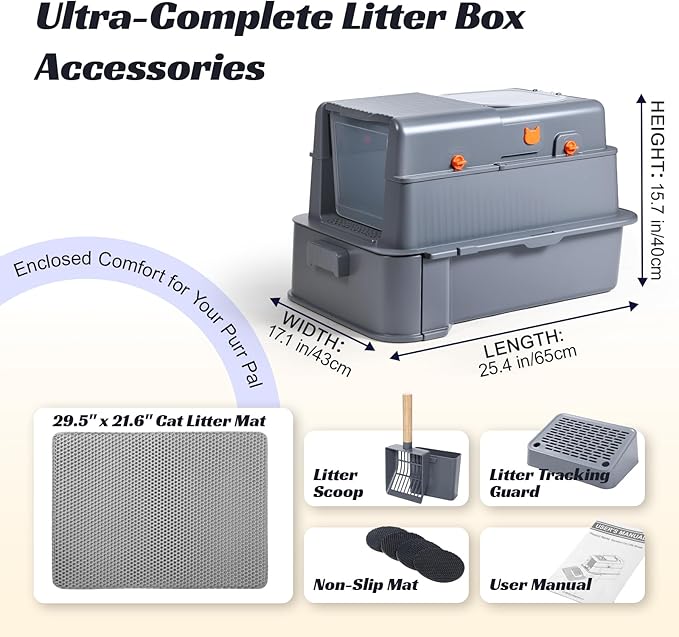 Stainless Steel Enclosed Cat Litter Box with Lid, Extra Large Kitty Litter Box with Drawer, Front & Top Entry Metal Cat Box for Big Cats, Odor Control, Easy to Clean, Grey
