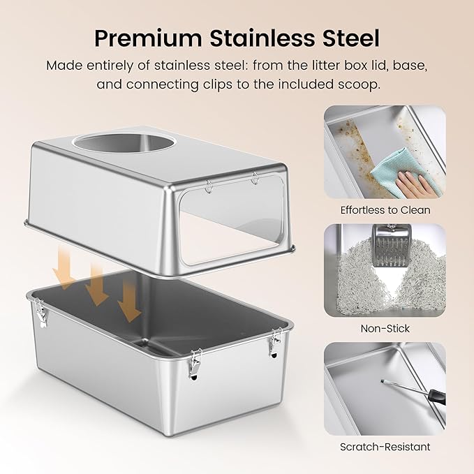 Stainless Steel Litter Box with Metal Lid and Scoop - Enclosed Metal Litter Box for Large Cats, Rust-Resistant, Odor-Control, Easy to Clean, Dog-Proof with Round Edge (Front Entry)