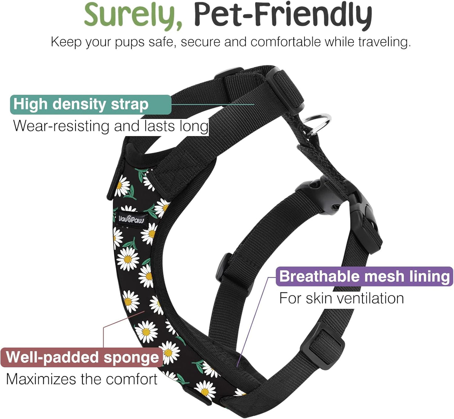 Dog Seat Belt, Safety Vest Dog Car Harness with Adjustable Buckle Dog Seat Belt for Vehicle Nylon Pet Safety Seat Belts Heavy Duty(L, Black Daisy) - Pet Explorer