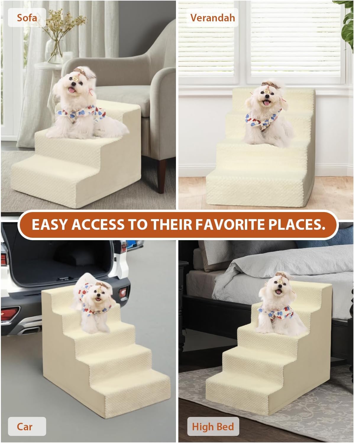 Dog Stairs for Small Dogs,22" H,5-Step Dog Steps for High Bed Couch and Sofa,Pet Stairs for Dogs and Cats Climbing with Non-Slip Bottom and Washable Cover,Beige - Pet Explorer