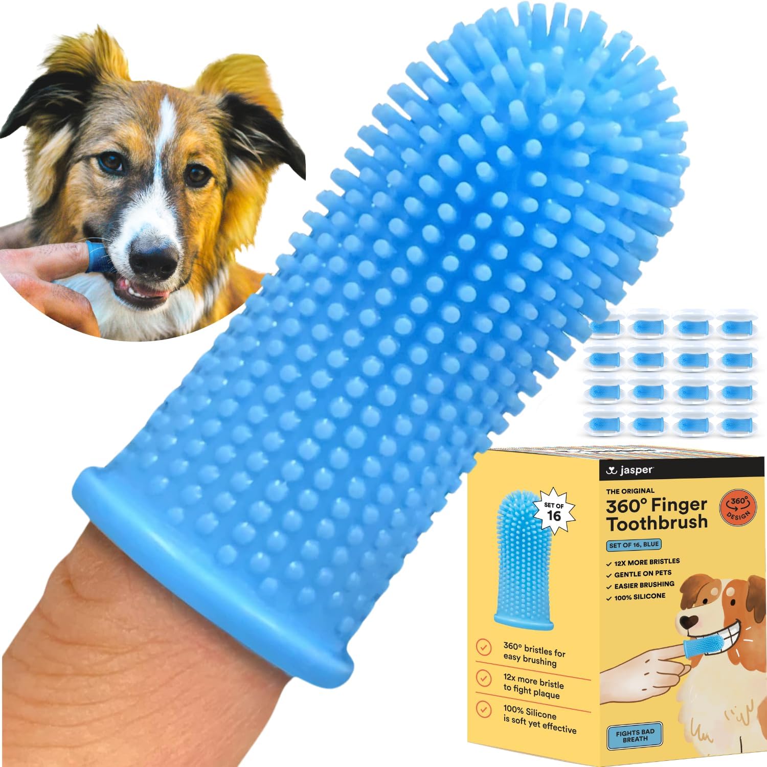 Jasper Dog Toothbrush, 360 Degree Pet Tooth Brushing Kit, Cat Toothbrush, Canine Dental Care & Teeth Cleaning Kit, Pet Finger Tooth Brush, Use with Dog Toothpaste, 16-Pack Blue - Pet Explorer