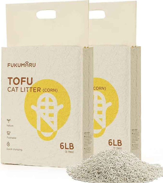 FUKUMARU Tofu Cat Litter - Septic Safe Corn Starch Blend, Flushable & Dust-Free, Quick Clumping, Superior Odor Control, Unscented, All-Natural, Low Tracking Pellets, Lightweight, 12 LBS (2 Packs)