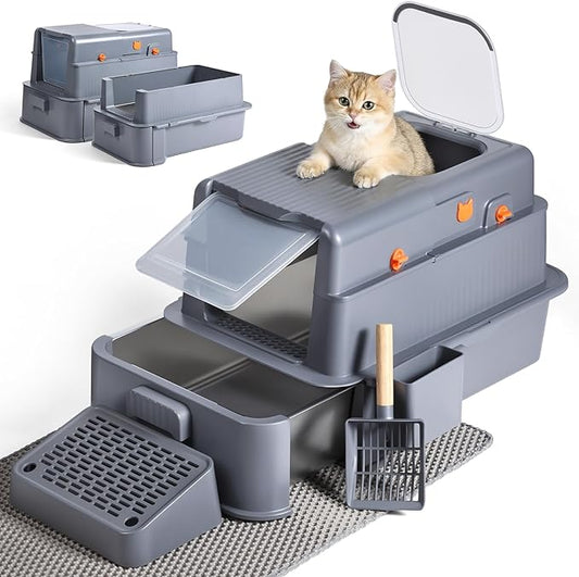Stainless Steel Enclosed Cat Litter Box with Lid, Extra Large Kitty Litter Box with Drawer, Front & Top Entry Metal Cat Box for Big Cats, Odor Control, Easy to Clean, Grey