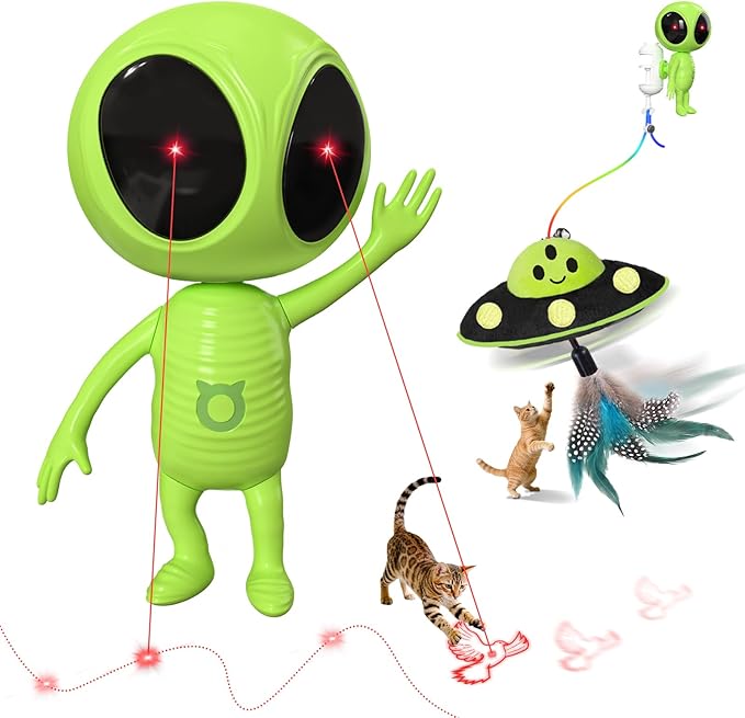 Cat Laser Toy, 2-in-1 Interactive Toys with Dual Laser & Catnip UFO Dangler, Smart Motion-Activated Random Trajectory, 4 Speed Modes, Rechargeable, Quiet & Clamp Design for Bored Indoor Cats
