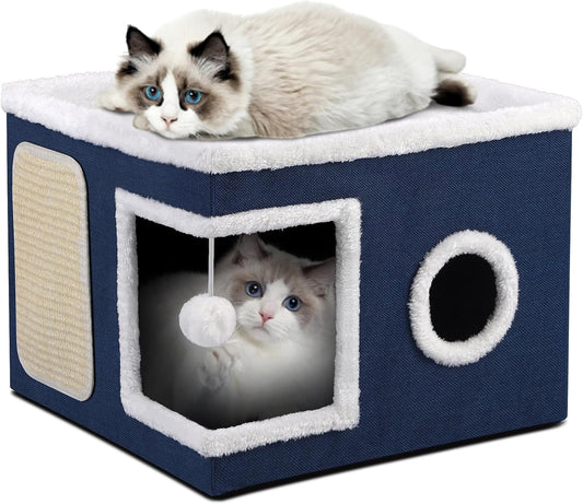 Cat House Bed for Indoor Cats, Large Cat Cave with Cozy Condo, Fluffy Hanging Ball, Scratch Pad, Hide-and-Seek, Foldable Indoor Cat House Hideaway with Double-Sided Soft Cushions for All Seasons, Blue - Pet Explorer