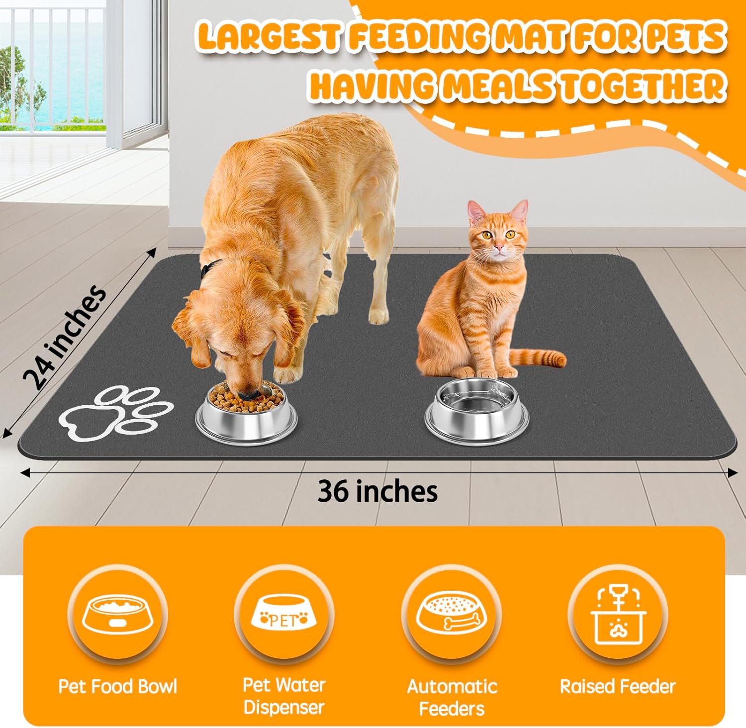 Dog Food Mat, 36" x 24" Extra Large Absorbent Dog Mat for Food and Water, Non Skid Cat Bowl Mat, No Stains Quick Dry for Pet Water Dispenser Pet Supplies for Messy Drinkers - Pet Explorer