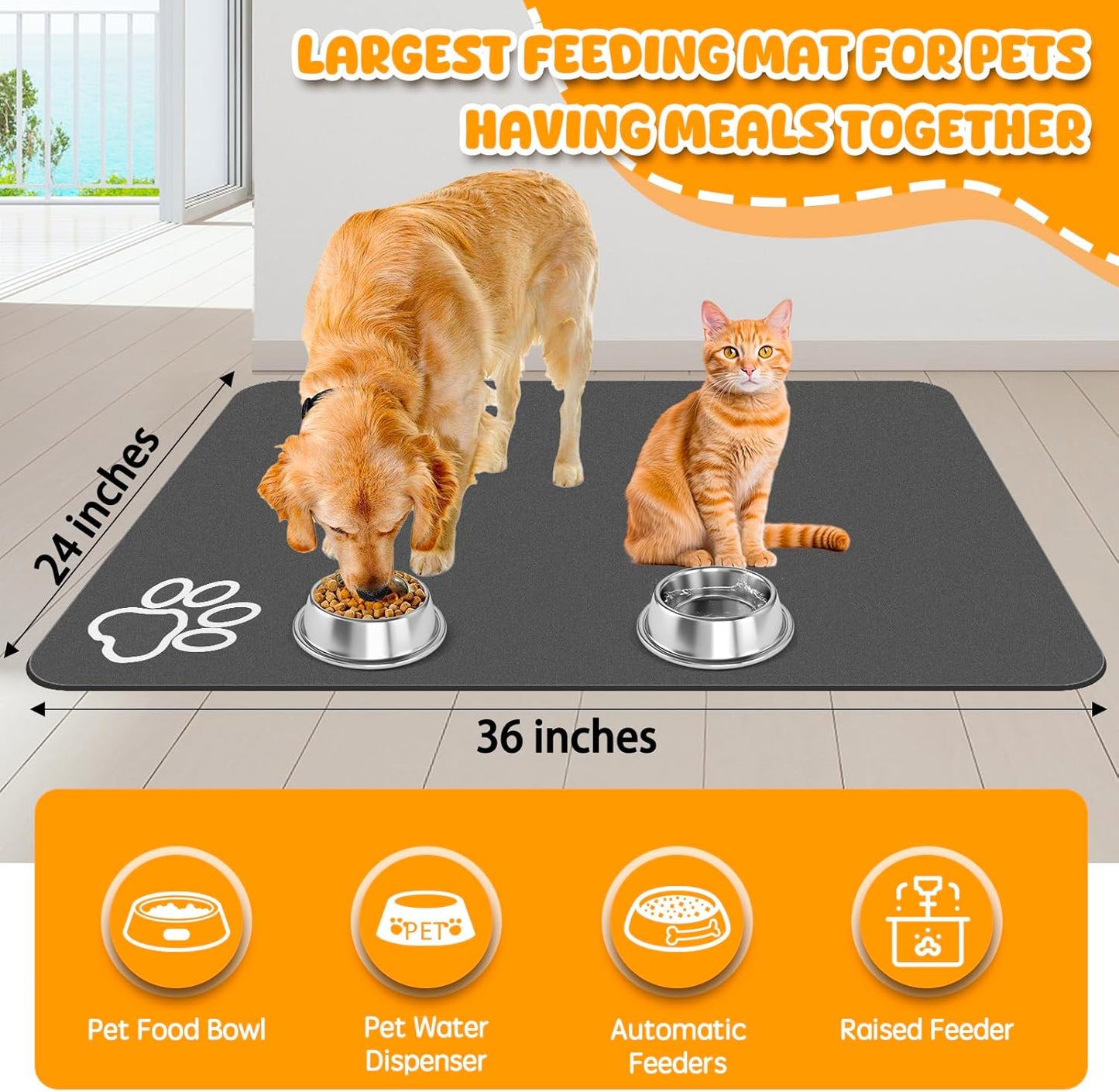 Dog Food Mat, 36" x 24" Extra Large Absorbent Dog Mat for Food and Water, Non Skid Cat Bowl Mat, No Stains Quick Dry for Pet Water Dispenser Pet Supplies for Messy Drinkers - Pet Explorer