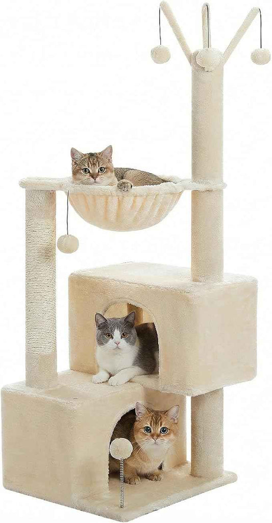 Cat Tree 45" for Indoor Cats, Compact Cat Tower with 2 Condos, Hammock Bed & 5 Hanging Ball Toys, Space-Saving Sturdy Cat Condo Furniture for Kittens & Small-Medium Cats