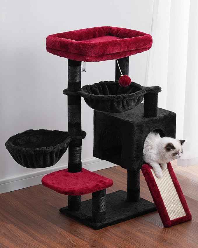 Hey-brother Gothic Cat Tree, Cat Tower for Indoor Cats, Cat House with Large Padded Bed, Cozy Condo, Hammocks, Sisal Scratching Posts, Big Scratcher, Black and Red MPJ006SBR
