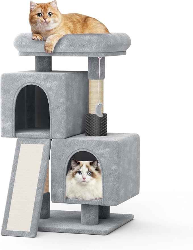 MoNiBloom Cat Tree Tower, 34 Inch Cat Tower with 2 Condos, Scratching Post & Sisal-Covered Scratching Board, Small Cat Climbing Tower, Pet Play House for Indoor Cats, Light Grey