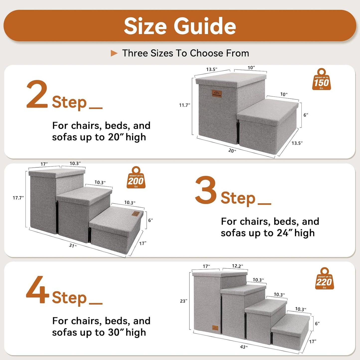 Wider Dog Stairs with Storage 18" H, 3-Step Sturdy Dog Steps for Large/Medium/Small Older Dogs Cats, Folding Pet Stairs Climbing Bed or Couch, Ramp for Car Up to 200 lbs (Gray, No Condo) - Pet Explorer