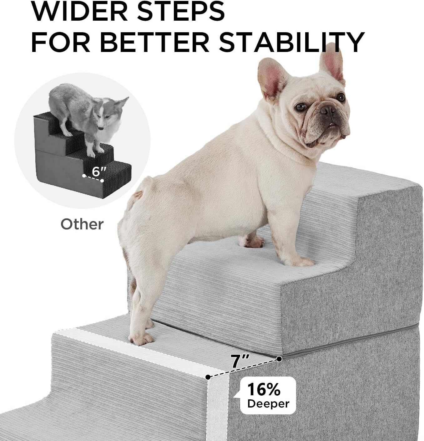 Made4Pets Dog Steps for Bed, Extra Wide Dog Stairs for High Bed Couch Sofa, 35D Foam Pet Steps for Small Dogs and Cats, Non-Slip Bottom Pet Stairs, Light Grey, 4 Steps - Pet Explorer