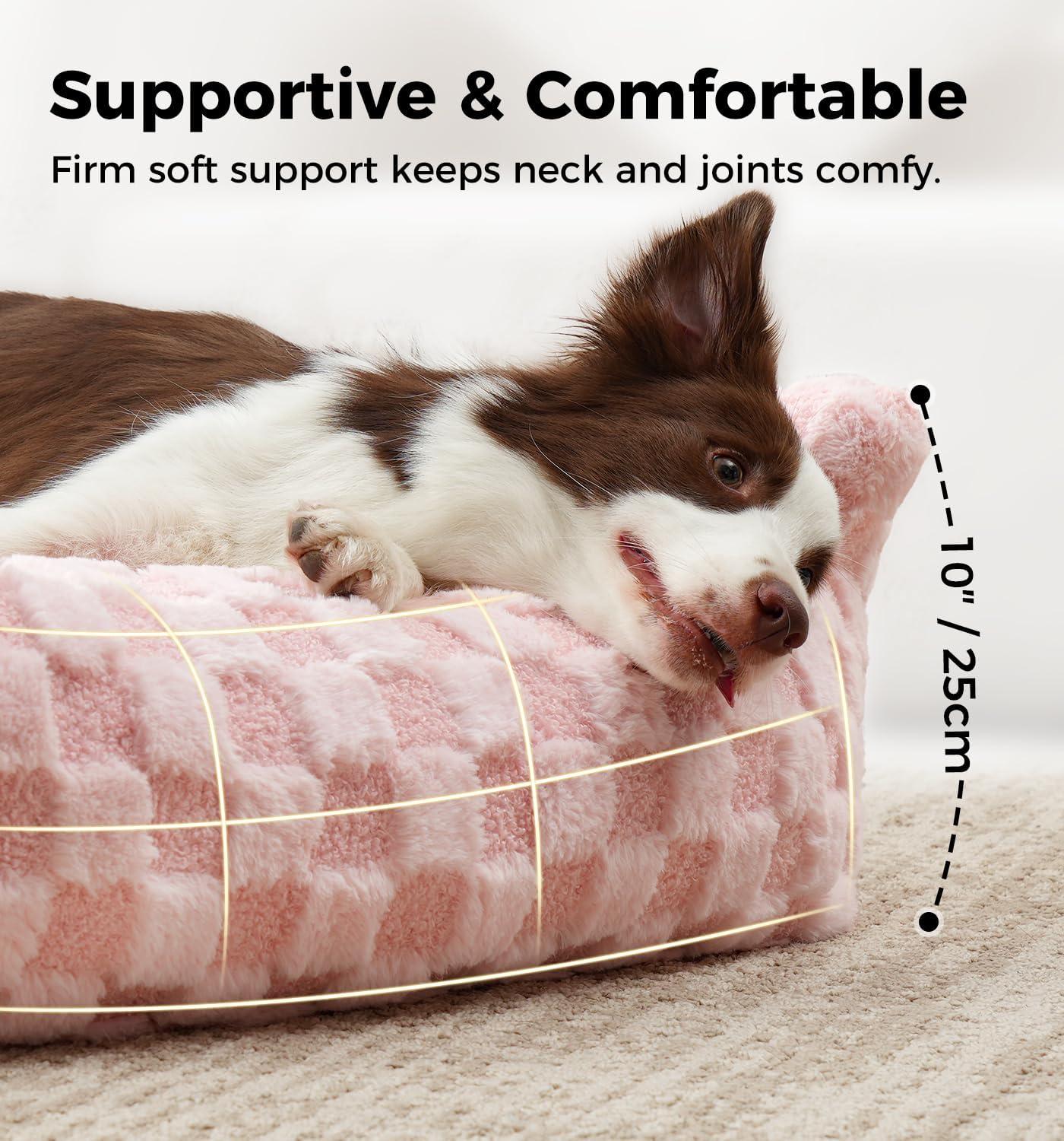 Made4Pets Cat and Dog Couch Bed, Soft Faux Fur Checkered Pet Sofa, Cozy Fluffy Pet Sofa with Supportive Foam, Removable Washable Cover with Non-Slip Base, Pink, Medium - Pet Explorer