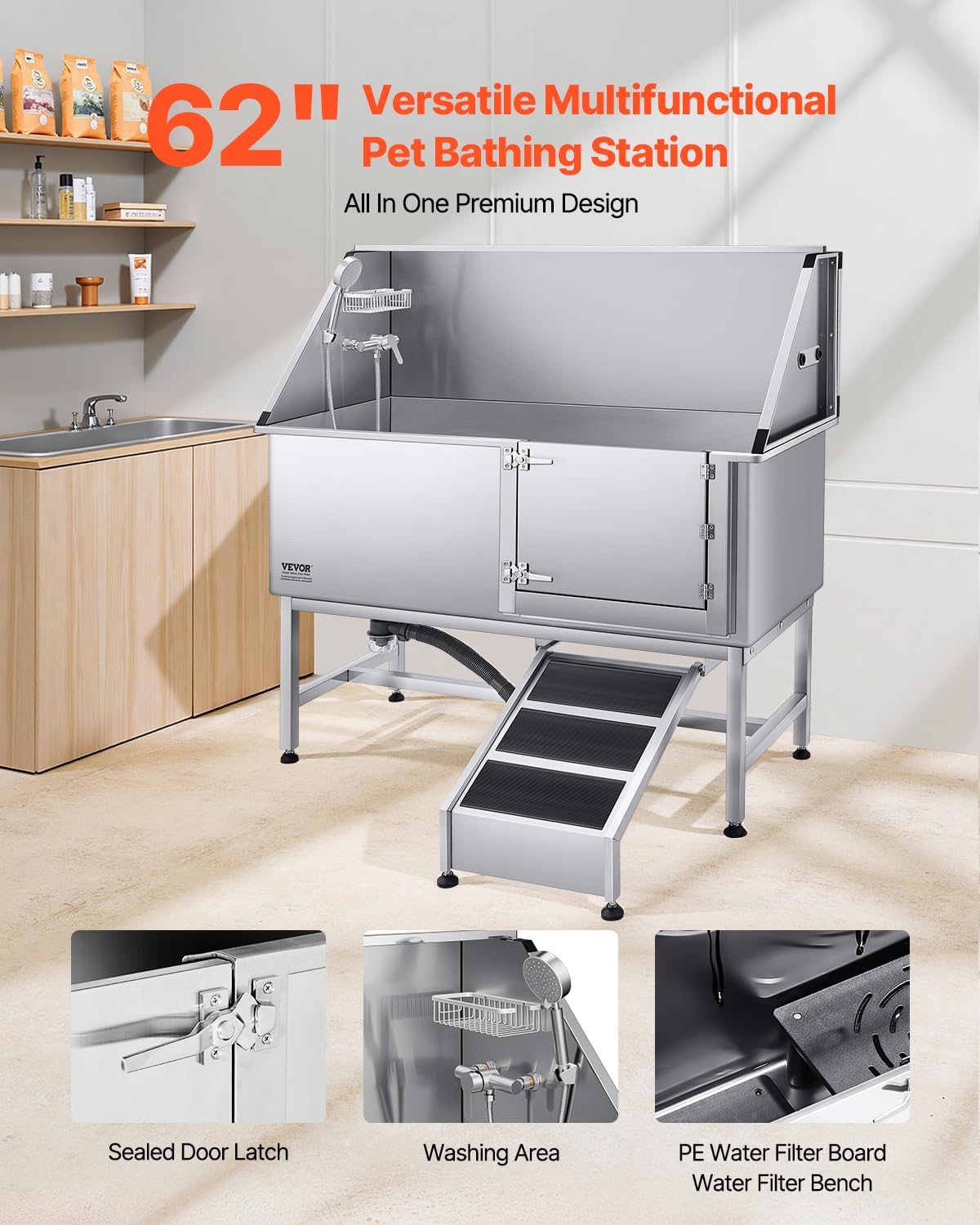 VEVOR Stainless Steel Dog Washing Station, Professional 62 inch Pet Grooming Tub w/Ramp, PE Water Filter Board, Faucet & Showerhead & Soap Holder Bathtub for Large & Medium & Small Pets (Right Door) - Pet Explorer