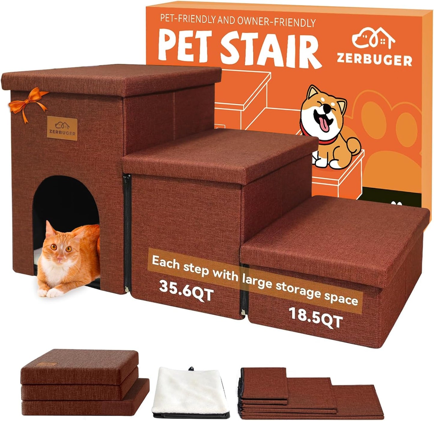 Dog Stairs with Condo 18" H, 3-Step Wider Dog Steps for High Beds Couch, Folding Storage Pet Stairs Gift for Small/Medium/Large Old Dogs Cats, Ramp for Climbing Car Up to 200 lbs, Brown - Pet Explorer