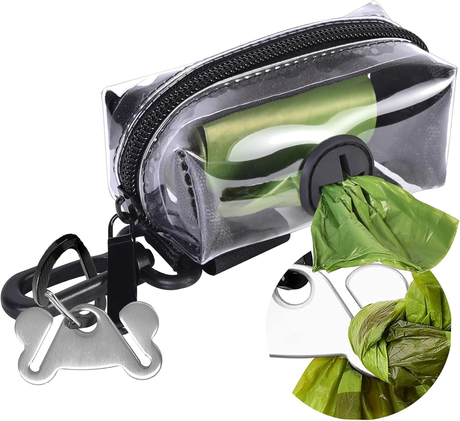 Clear Metal Dog Waste Bag Dispenser & Holder - Portable, 1 Hand Free, Fits Leash Accessory, Set Includes Dog Poop Bags - Pet Explorer