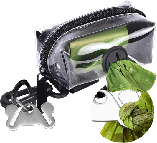 Clear Metal Dog Waste Bag Dispenser & Holder - Portable, 1 Hand Free, Fits Leash Accessory, Set Includes Dog Poop Bags - Pet Explorer