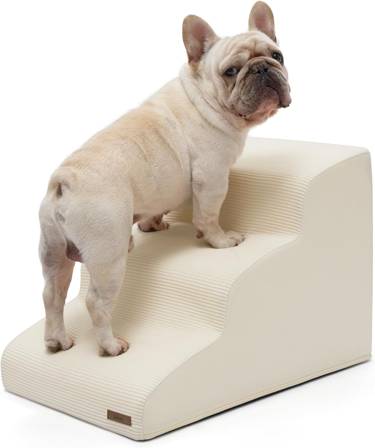 Lesure Dog Stairs for Small Dogs and Cats Pet Steps Ramp for Bed and Couch with CertiPUR-US Certified Foam with Non-Slip Bottom, Beige, 3 Steps - Pet Explorer