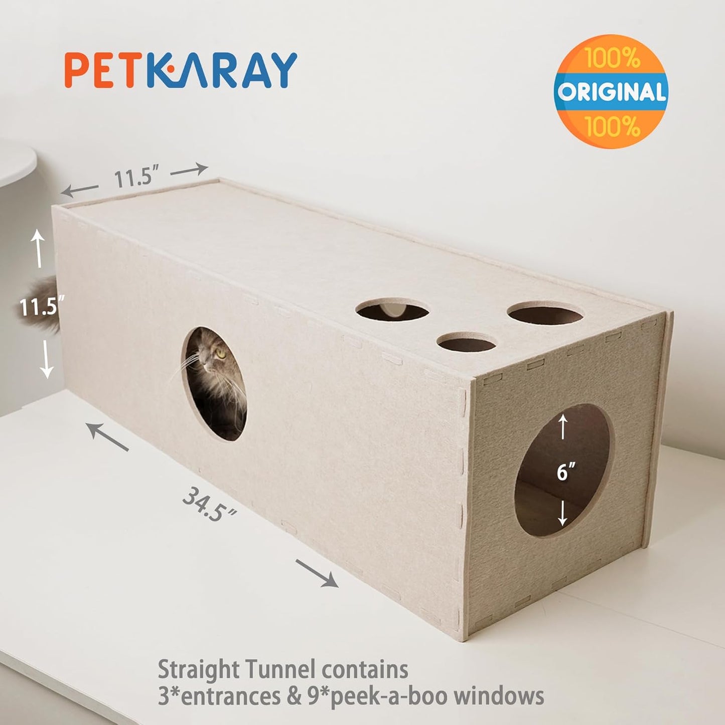 PETKARAY Cat Tunnel, Original Cat Hideaway Cave for Indoor Cats, Large Kitten Play Tubes and Tunnels, Soft Felt Cat Toy with Interactive Peek Hole - Pet Explorer