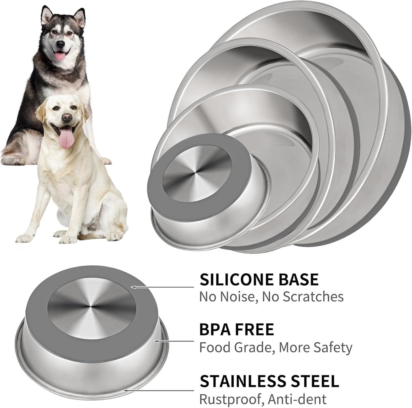 Taglory 11 Cup Stainless Steel Dog Bowls Set of 2 for Food and Water, Silicone Base Anti-Slip, Rust Resistant, Extra Thick Metal Bowls for Large Dogs, 84oz, Gray - Pet Explorer