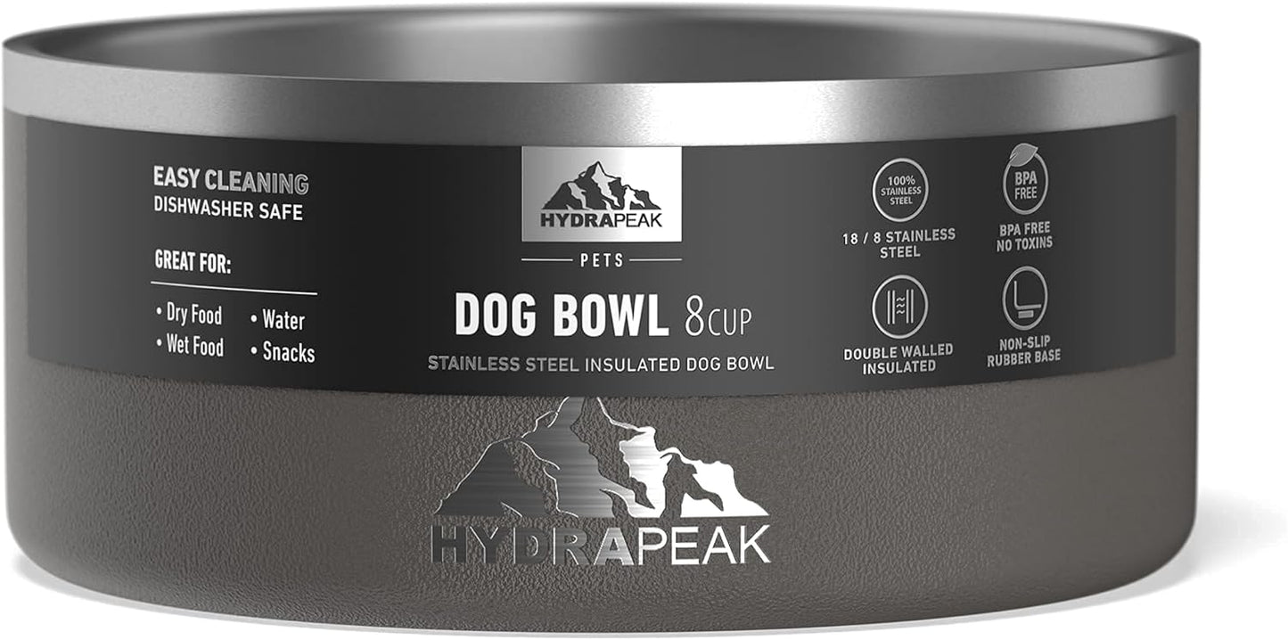 Hydrapeak Dog Bowl; Non Slip Stainless Steel; Water and Food Dish; Large Sized and Small Dogs; 32oz 64oz; Multiple Sizes | 8 Cup | Graphite - Pet Explorer
