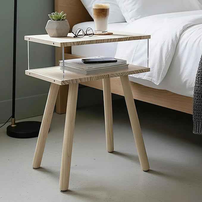 Modern Acrylic Bedside Table, Double-Tier Solid Wood Nightstand with Storage Shelf, Minimalist Floating Side Table Suitable for Bedrooms, Living Rooms, and Compact Spaces
