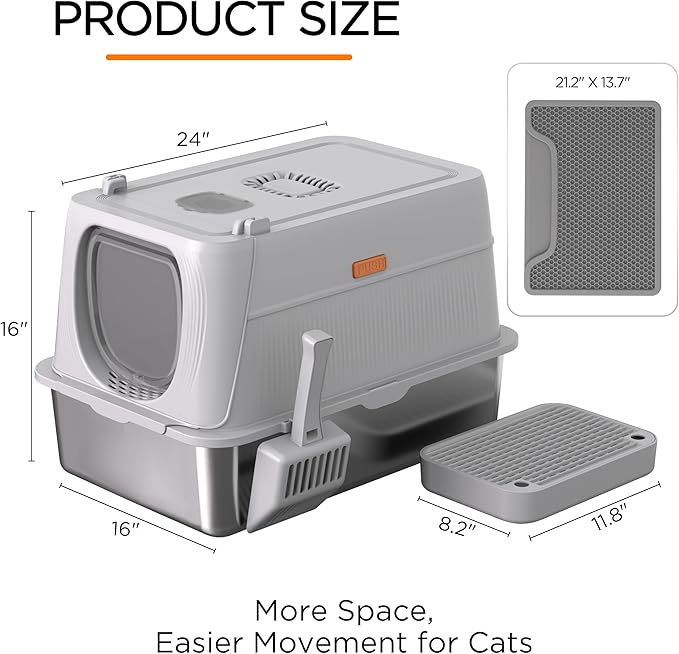Citylife Stainless Steel Cat Litter Box with Lid, XL Extra Large Enclosed Removable Metal Litter Box with Litter Scoop&Double Layer Litter Mat, Non-Sticky, Non-Odor, Easy Cleaning, for Big Cats, Grey